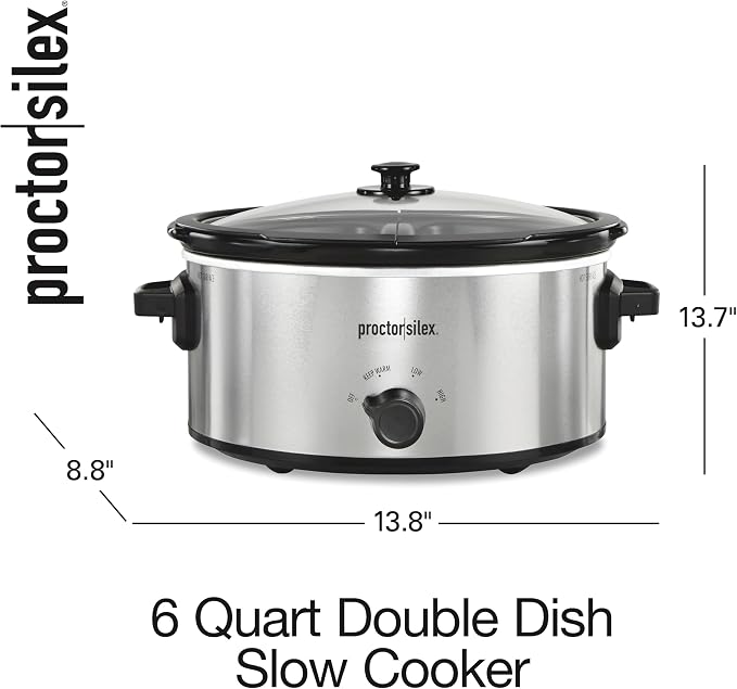 Proctor Silex Double Dish Slow Cooker with 6qt Crock and Dual 2.5qt Nonstick Insert to Cook Two Meals at Once, Dishwasher Safe Pot & Lid, Silver (33563)