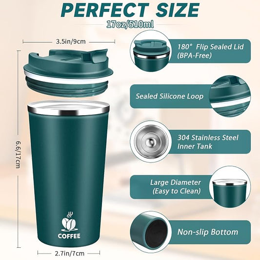 Insulated Travel Coffee Mug Reusable Coffee Tumbler Cup with Flip Lid Leak Proof Spill Proof for Office School Party Camping Hot and Cold Drink,Stainless Steel 17oz (Kingfisher Blue)