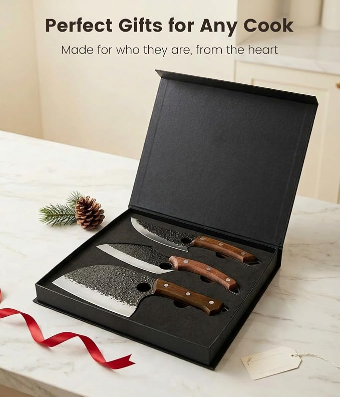 Newise 3-Piece Kitchen Knife Set, Chef Knife & Heavy Duty Meat Cleaver & Universal Chopping Knife, Japanese Steel with Beech Wood Handle, Essential Cutting Knives Set for Home Cooking