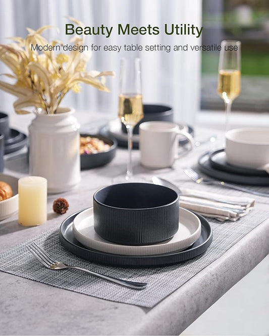 Famiware Star 12-Piece Stoneware Dinnerware Sets for 4, Reactive Glaze Plates and Bowls, Modern Rustic Dishes for Everyday/Formal Use, Chip/Scratch Resistant, Microwave/Dishwasher Safe, White & Black