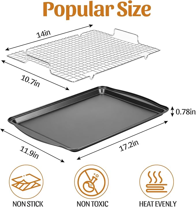 17.3" Large Baking Sheet with Rack & Glove, Carbon Steel Cookie Sheets for Baking, Nonstick Heavy Duty, Dishwasher Safe, Easy Clean, Dark Gray