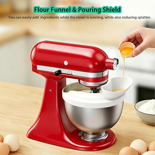 Flour Funnel with Pouring Shield for KitchenAid 4.5-6QT Mixer, Silicone Splash Guard with Flour Funnel for Kitchen Aid Mixer Tilt-Head and Bowl-Lift, Dishwasher Safe Baking Tool (White)
