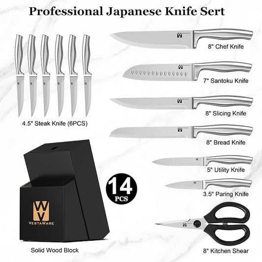Knife Block Set, Razor-Sharp Kitchen Knife Set, Stainless Steel Knife Set with Block, 14 Pieces Knives Set for Kitchen, Black Chef Knife Sets, Dishwasher Safe, Gifts for Men