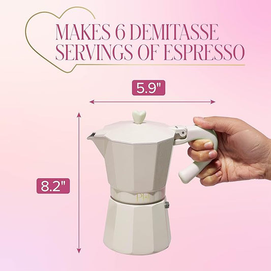 Paris Hilton Stovetop Espresso and Coffee Maker, Italian & Cuban Style Coffee Pot with Iconic Heart Knob, Perfect for Rich Aromatic Espresso, Makes up to 6 Espresso Cups, Cream