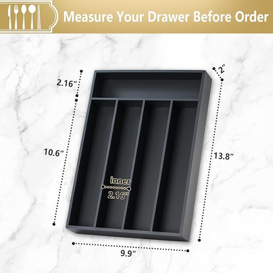 Silverware Organizer, 2 Pack 10 Inch Utensil Organizer Kitchen Drawer Organizer Bamboo Silverware Holder Cutlery Tray Organizer in Drawer Flatware Organizer Tray(5 slots, Black)