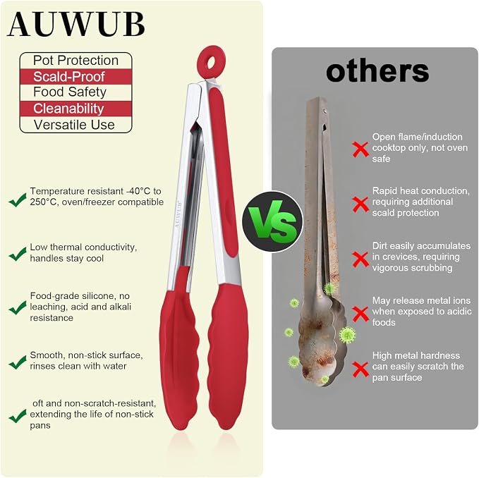 7 Inch Small Silicone Salad Cooking Tongs, Food Serving Tongs with Heat Resistant Non-Slip Grip, Red Color Kitchen Utensils for Salad Charcuterie Board