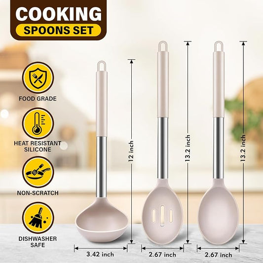 3Pcs Silicone Cooking Spoon Set, Kitchen Utensils Include Solid & Slotted Spoon, Soup Ladle, Food-Grade Heat Resistant 446°F, Non-Scratch Spoons for Serving, Stirring, Draining, Dishwasher Safe, Khaki