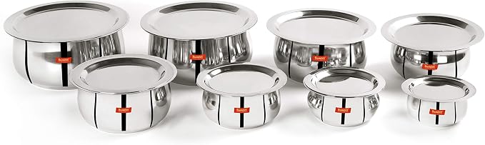 Sumeet Stainless Steel Belly Shape 8 Pc Tope/Cookware/Pot Set with Lid 380ML, 500ML, 780ML, 1.1Ltr, 1.4Ltr, 1.75Ltr, 2.4 LTR, 3.1 LTR (Silver)