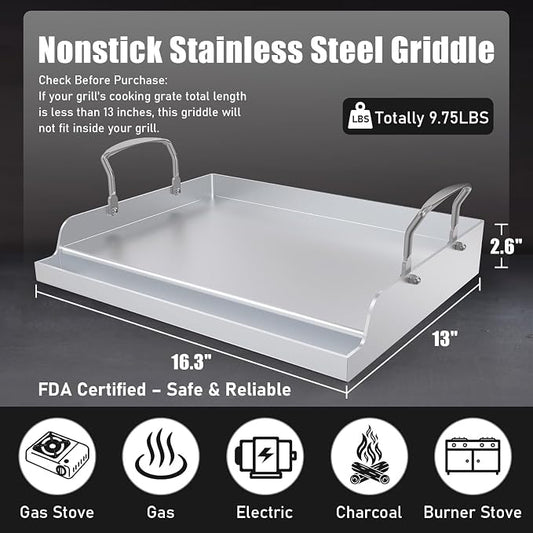 Nonstick Stainless Steel Griddle for Gas Grill Nanoceramic Griddle for Gas Top Stove 17" x 13" Flat Top Plate Cooking Skillet Pan Teppanyaki for Camping Outdoor Tailgating Plancha Para Cocinar