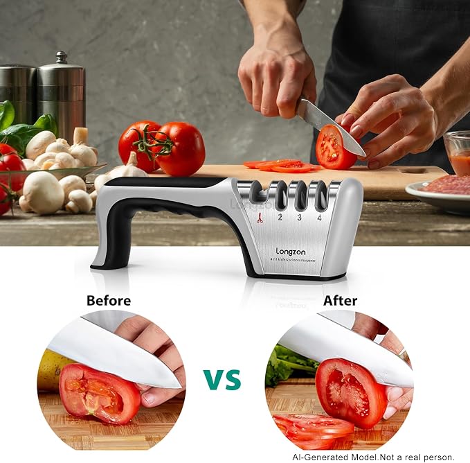 Longzon 5-in-1 Knife Sharpener 4 Stage with Cut-Resistant Glove, Quickly Sharpens & Restores Dull Blades, Easy & Safe for Home Kitchen Use, Fits Most Knives and Scissors, Black+Silver