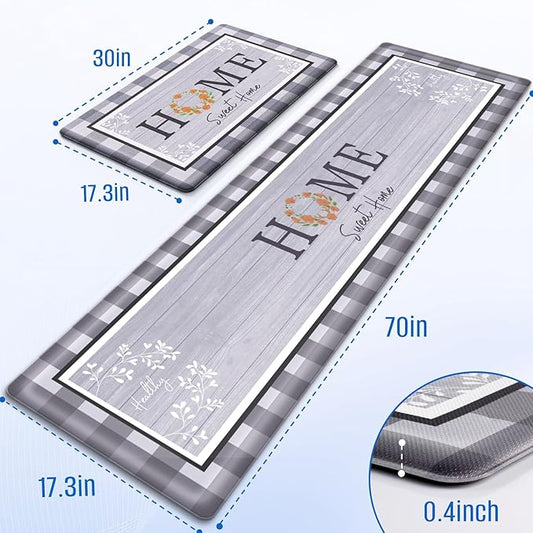 Kitchen Rugs, 2 PCS Kitchen Mats for Floor, Cushioned Non-Slip Anti Fatigue Mats for Kitchen Floor, Kitchen Runner Rugs for Standing Desk, Office, Laundry (17.3’’ x 30’’ + 17.3’’ x 70’’)