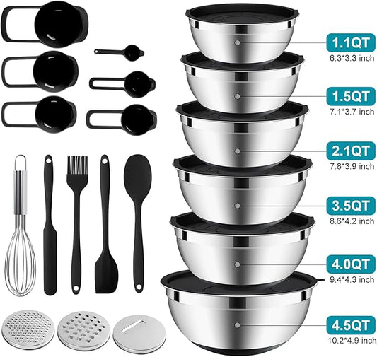 20-Piece Mixing Bowls Set with Airtight Lids โ 6 Stainless Steel Kitchen Bowls (4.5QT, 4QT, 3.5QT, 2.1QT, 1.5QT, 1.1QT), 3 Grater Attachments, Non-Slip Silicone Bottoms, Perfect for Baking & Serving