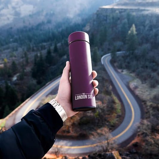 The London Sip Multi-Purpose Travel Mug and Tumbler Fruit Infused Flask Hot and Cold Double Wall Stainless Steel Thermos with Extra-Long Infuser, Purple