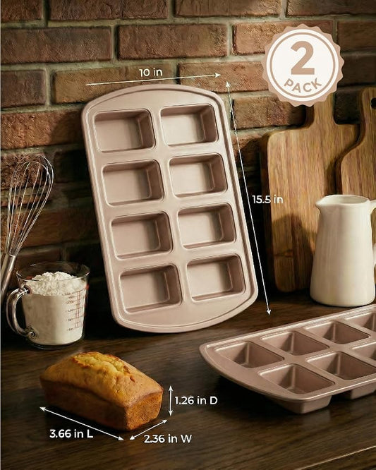 CARTMAN 2-Pack 8-Cavity Mini Loaf Pans Set with Spatula & Brush โ 15.5โ x 10โ Nonstick Carbon Steel Small Bread Pan for Banana Bread, Meatloaf & Keto Snacks Champagne Gold