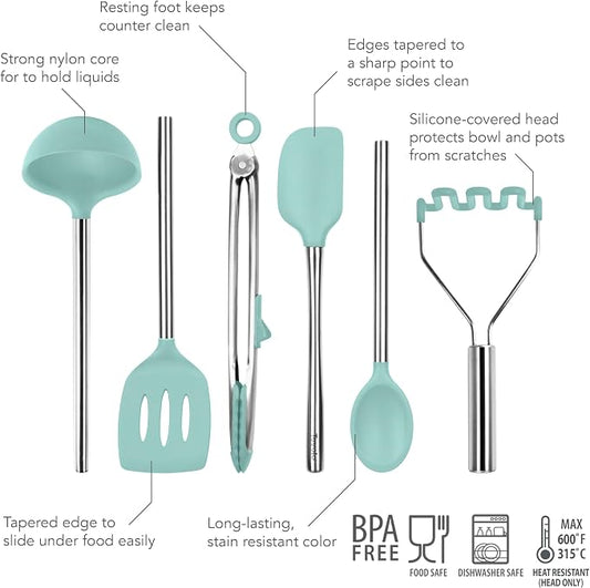Tovolo Silicone Cooking Utensil Set of 6 Stainless Steel Handle Ladle Slotted Turner Tongs Flex Core Spatula Scraper Mixing Spoon & Masher, Dishwasher Safe BPA Free Utensils, Aqua Seafoam Green