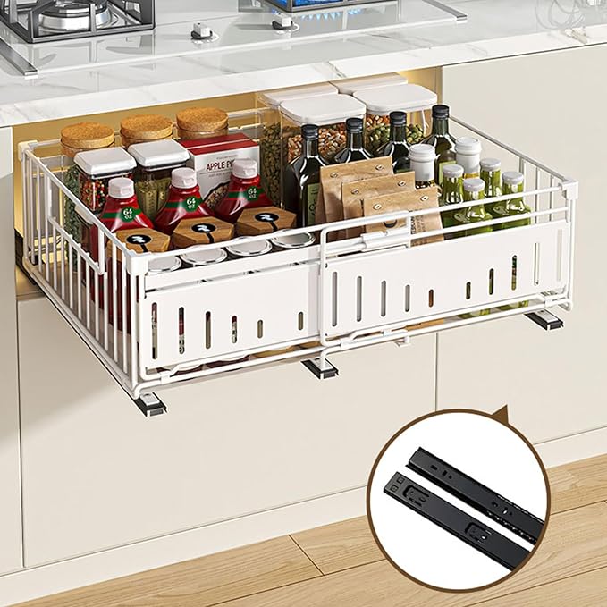 Expandable Pull Out Cabinet Organiser, No Drill Adhesive Slide Out Kitchen Drawer Shelf Durable Metal for Under Sink, Cupboard, Pantry, Adjustable Width (12.8"-19.7") (Style A Black, 1 Pack)