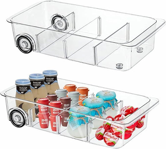 2Pack Roll Out Fridge Caddy Bins Pull Out Drawer with Wheels Refrigerator Organizer Bins with Handles Divided Fruit Caddy for Fridge Pantry Cabinet Storage Cans Drinks