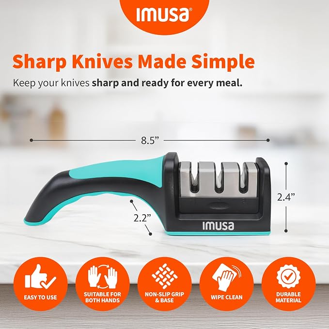 IMUSA Knife Sharpener – Kitchen Knife Sharpener with 3-Stage Stainless Steel Blade Sharpener Design – Easy to Use, Ergonomic Manual Knife Sharpening Kit with Non-Slip Base
