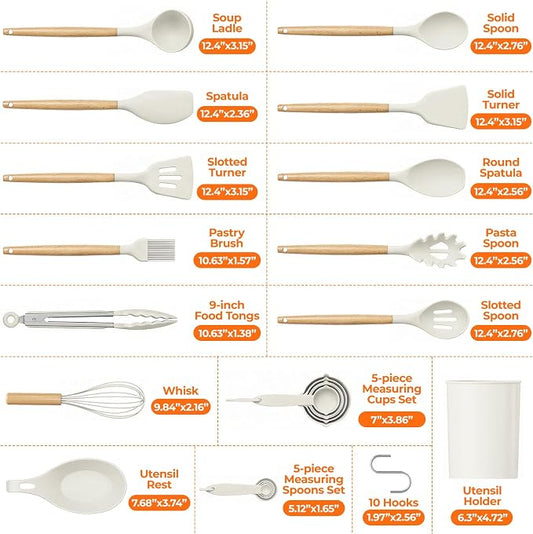 WISELIFE Kitchen Utensils Set - 33 PCS, Heat-Resistant Silicone Cooking Utensils Set with Wooden Handle, BPA-Free Kitchen Gadgets Spatula Sets with Holder for Nonstick Cookware (White)