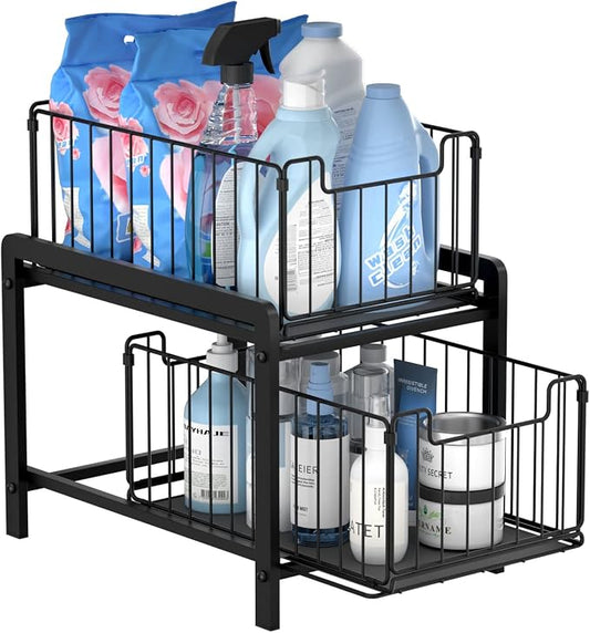 NPPLUS 2-Tier Under Sink Organzier: Iron Under Sink Cabinet Organizers With Sliding Drawer - Pull Out Home Storage For Bathroom Kitchen Desktop (Black)