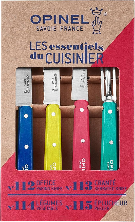 OPINEL Les Essentials - Small Kitchen 4 Piece Knife Set - Paring, Serrated, Peeler, Vegetable Knife, Corrosion Resistant High Carbon Steel, Made in France (POP 80)