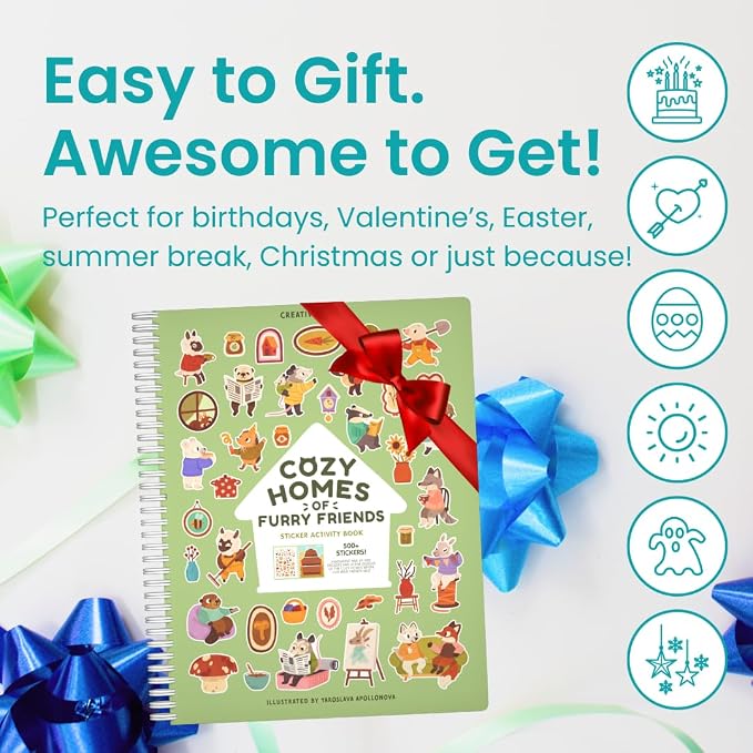 Cozy Homes of Furry Friends 500+ Sticker Book by Cupkin Fun Toddler Calendar Activity Coloring + Sticker Book, Road Trip Essentials, 12 Coloring Pages + Scenes for Ages 2–8 Years