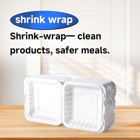 White To Go Containers 8" 34 oz 55 Pack - Shrink Wrap Ready to Use | Mineral Filled PP BPA Free Clamshell Boxes | Food Grade Freezer Microwave Dishwasher Safe | Bulk for Catering & Restaurants