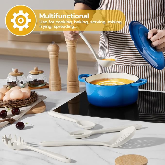 Onader Kitchen Cooking Utensils Set of 10, Silicone Utensils Set for Cooking, Includes Non Toxic Turner Spoon Spatula Whisk Pasta Server - White