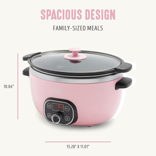 GreenLife 6QT Slow Cooker, Non-Toxic PFAS-Free Ceramic Nonstick Removable Interior Bowl, Programmable, Family Friendly, Keep Warm, Stovetop & Oven Safe, Dishwasher Safe Crock, Timer, Glass Lid, Pink