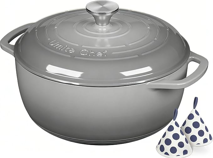 Enameled Cast Iron Dutch Oven - Umite Chef 6QT Pot with Lid & Cotton Potholders - Dual Handles -Versatile Heavy Duty Cookware for Bread Baking, Braising, Stews, Roasting(Grey)