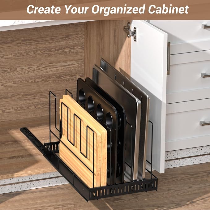 Housolution Pull Out Large Baking Tray and Cookie Sheet Organizer, 21.5" Deep Cutting Board Organizer with 4 Adjustable Dividers, 12" Wide Bakeware Muffin Pan Storage Rack for Cabinet