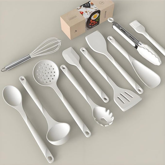 Silicone Cooking Utensils Set - 600°F Heat Resistant, Nonstick Kitchen Utensil Set with Spatulas, Spoons, Whisk, Tongs, BPA Free, Dishwasher Safe, Cream White