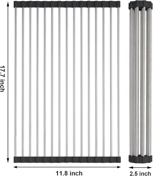 Searik Stainless Steel Over The Sink Dish Drying Rack, Roll Up Foldable Kitchen Sink Drainer Rack (17.7"x 11.8")