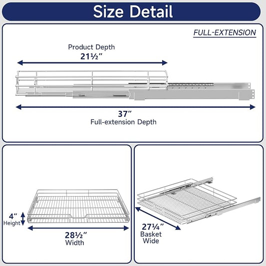 Pull Out Cabinet Organizer, 28.5" W x 21.5" D, Heavy Duty Chrome Slide Out Shelf for Wide Base Cabinets, Sliding Wire Basket Drawer for Pots, Pans, Appliances & Pantry Storage