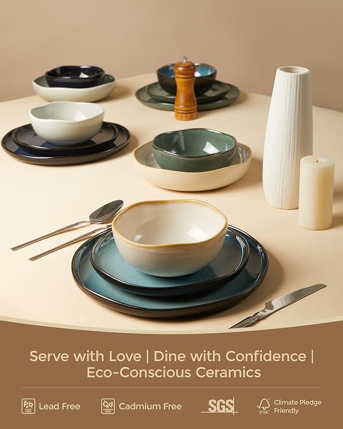 Pokini 32 Piece Dinnerware Set for 8 with Pasta Bowls, Yellow White Reactive Glaze Stoneware | All‑in‑One Host Set for Entertaining, Holiday Meals, Multi‑Course Dish Set | Unique Irregular Look