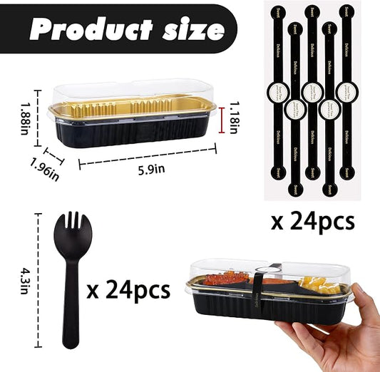 24 Pack Mini Loaf Pans, 7.5oz Mini Cake Pan & Mini Cupcake Pan Set โ Disposable Aluminum Baking Pans with Lids, Spoons & Stickers, Premium Sturdy Gift Set for Cakes, Cupcakes, Desserts & Party Treats
