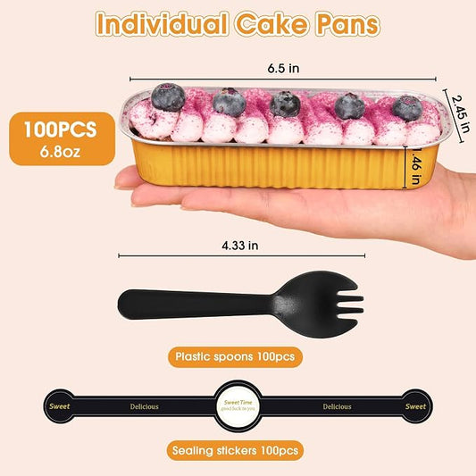 100 Pack Mini Cake Pans with Lids and Spoons, Disposable Aluminum Foil Cake Tins(6.8oz) Individual Small Cake Baking Containers for Party, Wedding, Birthday