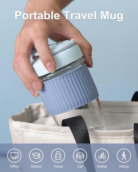 Sivaphe Reusable Glass Coffee Cup 16 oz, Portable Travel Mug with Spill-Proof Lid and Protect Sleeve for Home Office Blue
