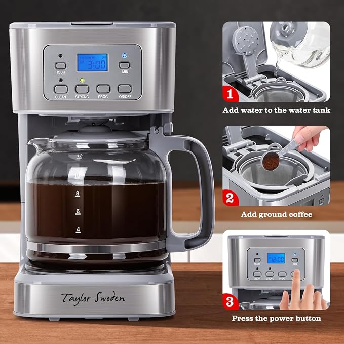 Taylor Swoden 12-Cup Programmable Coffee Maker, Regular & Strong Brew Drip Coffee Machine for Home and Office, Glass Carafe, Pause & Serve, Auto Shut Off, Gray & Stainless Steel