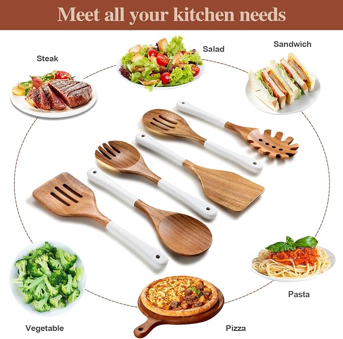 Wooden Spoons For Cooking, 6 Pieces Natural Acacia Wooden Cooking Utensils or Non-Stick Wood Kitchen Utensil Set for Kitchen Essentials, Wooden Cooking Utensils Set with Hanging Hole, White