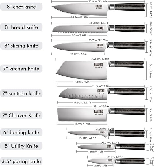MDHAND Kitchen Knife Set, 9 Pieces Ultra Sharp Japanese Knife Set, High Carbon Stainless Steel Professional Chef Knives Set with Black Pakkawood Handle for Home Cooking, Dishwasher Safe