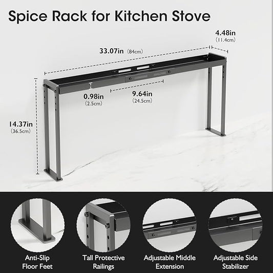 Bumusty Adjustable High Stand Stove Top Shelf – Expandable 4-Level Spice Rack and Kitchen Countertop Organizer, Anti-Slip Metal, 27"–33" Length, 11"–14" Height, Black