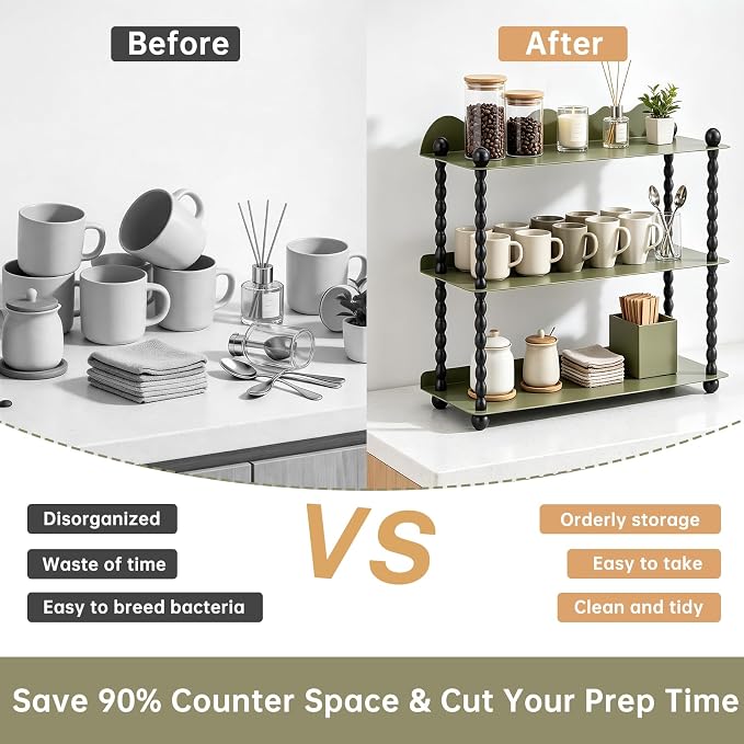 3-Tier Kitchen Countertop Organizer, Vintage Metal Spice Rack, Multi-Purpose Bathroom Counter Organizer, Rustic Countertop Storage Shelf for Mug, Cosmetics, Coffee Station and Vanity Decor