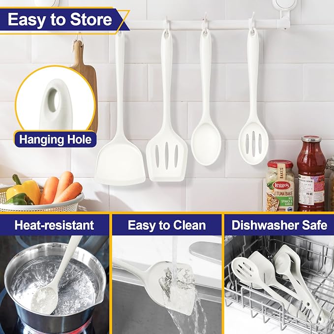 P&P CHEF Kitchen Utensil Set, 4 Pieces Non-stick Silicone Cooking Utensils, Heat-resistant Slotted Solid Spoon Turner for Frying, Mixing, Serving, Non-toxic & Easy to Clean, White