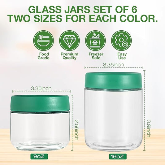 Hoa Kinh Overnight Oats Jars with Lids, 9oz & 16oz Leak Proof Small Jars for Overnight Oats, Cereal, Clear Empty Glass Jar with Lids for Kitchen 6Pack(Red, Green and Purple)