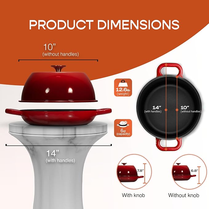 Krustic Enameled Cast Iron Dutch Oven for Sourdough Bread Baking | 6 Quart Round Pot with Lid | 10 Inch Ceramic Enamel Thick Coated Cookware Set with Non Stick Silicone Baking Mat for Cooking | 6 Qt | Red