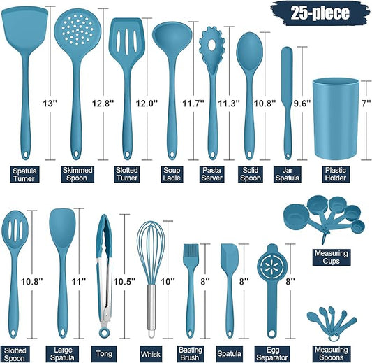 E-far Silicone Cooking Utensils Set, 25 Piece Kitchen Utensils with Holder, Non Toxic Kitchen Tools Spatula, Turner, Spoon, Ladle for Nonstick Cookware, Heat Resistant & Dishwasher Safe - Blue