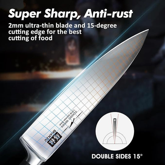 SHAN ZU Kitchen Knife Sets 3pcs, Professional German 5Cr15MoV Stainless Steel, High Carbon Steel Knives Sets, Ultra Sharp Ergonomic Wood Handle & Full Tang Design, Gift Box Included