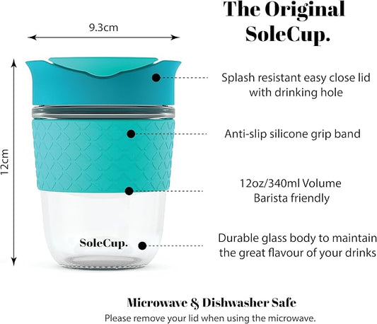 Reusable Strengthened Glass Travel Cup - Spill Proof Coffee Mug - 12oz/340ml BPA-Free Hot Drink Travel Mug with Lid & Silicone Band (Blue, 12oz)