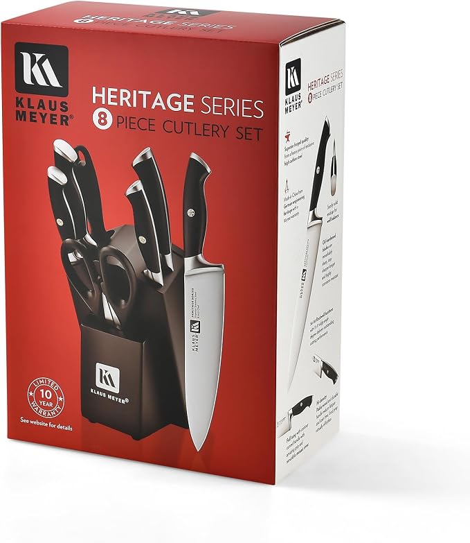 Klaus Meyer 8-Piece Kitchen Knife Set, German High Carbon Steel Pakka Wood Handle Chef Knife Set With Block, Ultra Sharp With Scissors, Sharpener Rod.